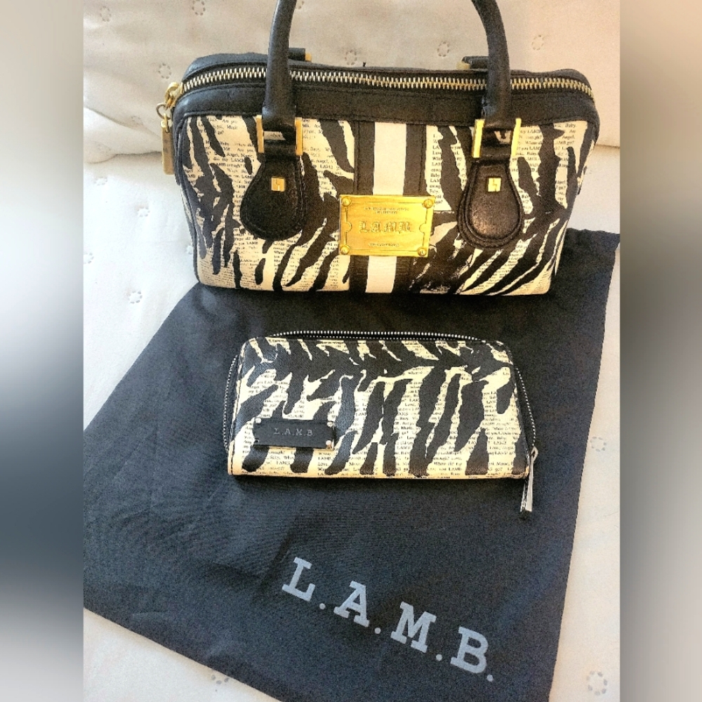 Vtg L.A.M.B. Gwen Stefani Zebra Newsprint Speedy Satchel Bag & Matching Wallet